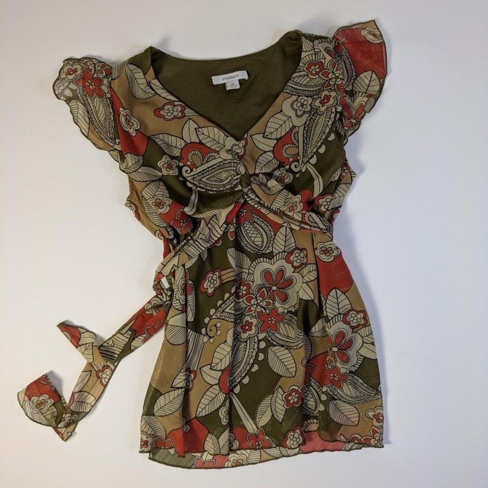 Dressbarn Floral Babydoll Blouse Tie Back Flutter Sleeves